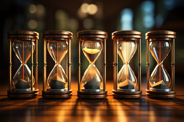 A series of hourglasses of varying sizes, representing the relativity of time across different contexts. Concept of time scales. Generative Ai.