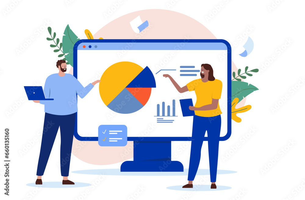 Leinwandbilder People doing business and market analytic work with chart, data and cake diagram on computer screen. Flat design vector illustration with white background