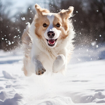 Happy dog playing in the winter landscape, with snow, snowfall. Dog running in a winter wonderland