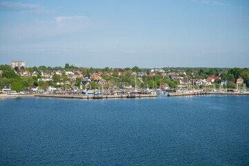 Fototapeta na wymiar Small harbor port at Kiel with sea in front, aerial view, Germany