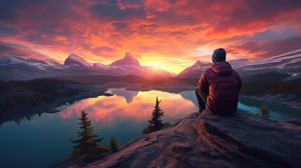 Obraz premium a man on cliff edge looking at sunset scenery with lake and mountain nature background, Generative Ai