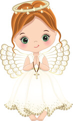 Nativity Cute Angel Girl Holding Cross. Vector Angel Little Girl