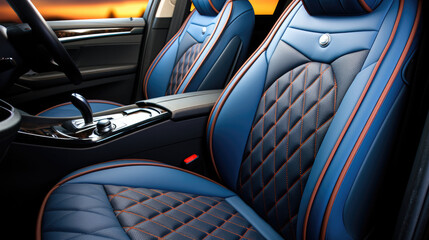 Luxury seats in car, Color is dark blue.