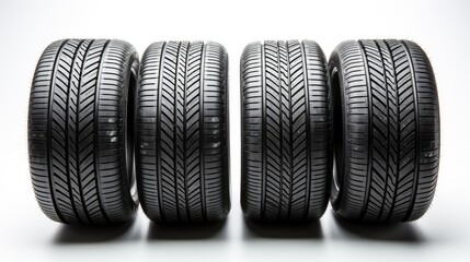 Car tires in a row isolated on white background.