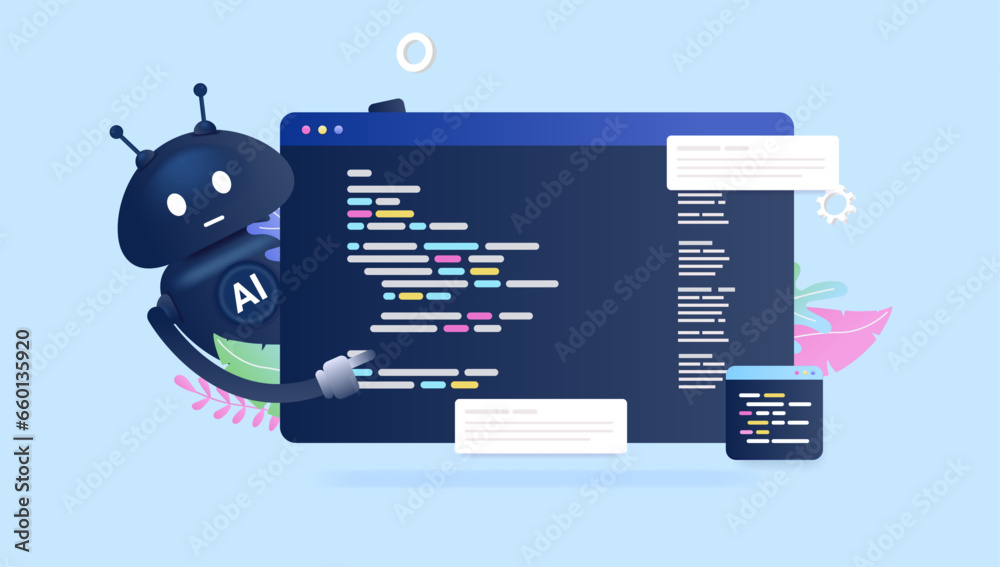 Leinwandbilder AI coding and programming - Artificial intelligence robot character writing code on computer screen. Automation and data concept, semi flat design vector illustration