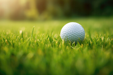 Close up golf ball with golf club on green grass field