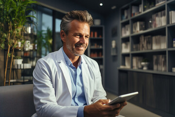 Scientist holding a tablet in a laboratory.