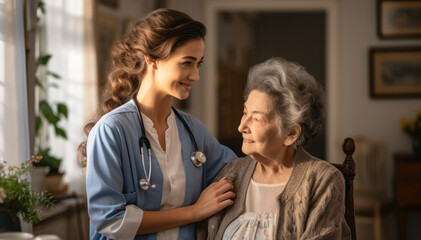 Fototapeta premium Friendly nurse supporting an elderly lady at home.