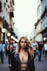 Fototapeta premium Blonde beautiful woman in the middle of a street