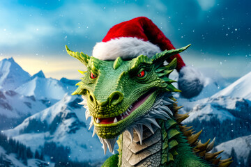 Green dragon wearing santa hat in front of snowy mountain range.