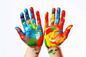 Color painted child hands on white background