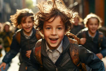 A group of children running down a street to the school. - obrazy, fototapety, plakaty