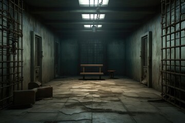 A dilapidated prison cell with a bench and a chair.