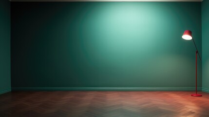 A red lamp illuminating a dark room with a green wall and wooden floor.