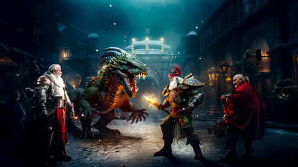 Fototapeta na wymiar Group of people standing around dragon in front of crowd of people.