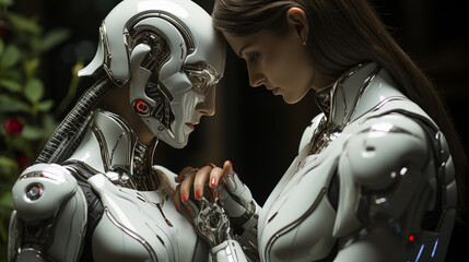 Fototapeta na wymiar Relationship between futuristic couple, robot with artificial intelligence and hybrid android developed in laboratories