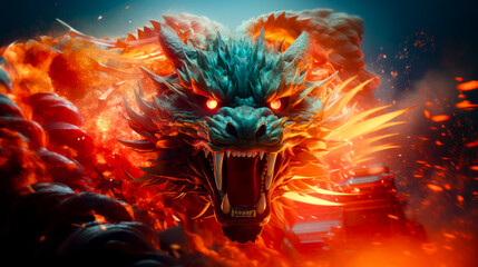 Close up of dragon face on blue background with flames around it.