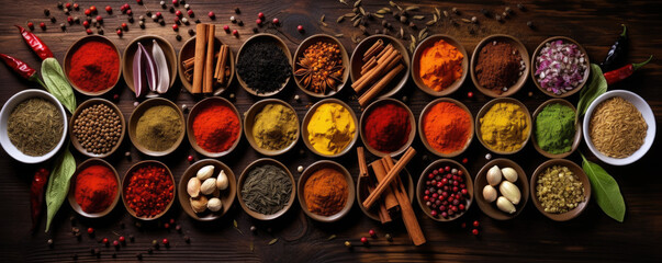 Colorful spices on wooden table