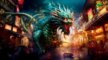 Green dragon with red eyes is in the middle of city street.