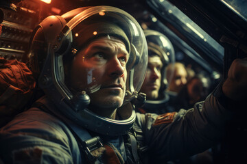 Obraz premium Astronauts aboard the Apollo spacecraft, marking humanity's historic journey to the moon. Concept of lunar exploration. Generative Ai.