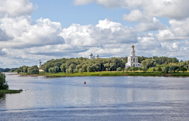 The Volkhov River with a view of the St. George's Monastery. Velikiy Novgorod. Russia - obrazy, fototapety, plakaty