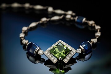 Contemporary diamond, necklace, bracelet with lime and navy stone.