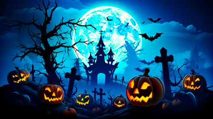 Halloween scene with pumpkins and castle with full moon in the background.