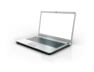 modern design of a stylish laptop open with mockup monitor screen in metallic silver material for business office technology and presentation online browsing, isolated on transparent png background