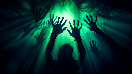 Silhouette of person with their hands up in front of green light.