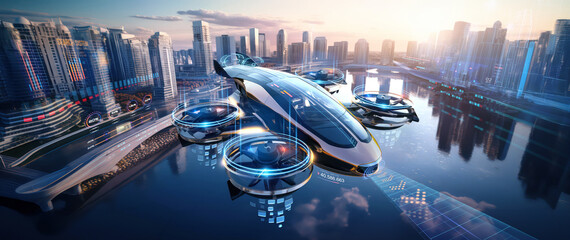 futuristic manned roto passenger drone flying in the sky over modern city for future air transportation and robotaxi concept as wide banner with copy space area