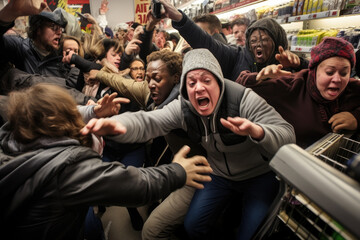 Midnight Black Friday shopping spree, with shoppers wielding shopping bags	