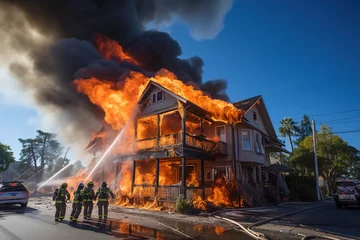 Fototapeten A house on fire with firemen in front of it. A burning house in flames during the day © Degimages