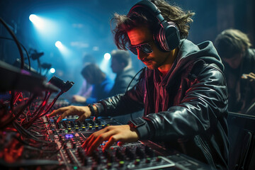 A man wearing headphones is mixing music.