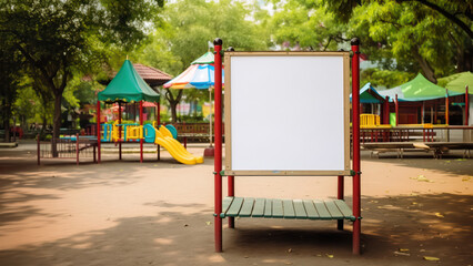 outdoor kids children playground or playing area with slides and empty white blank empty signboard or information billboard signage place card as wide banner with copy space area mockup template
