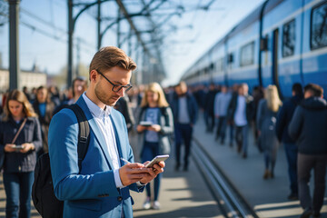 A man in a suit is looking at his cell phone on bus station.