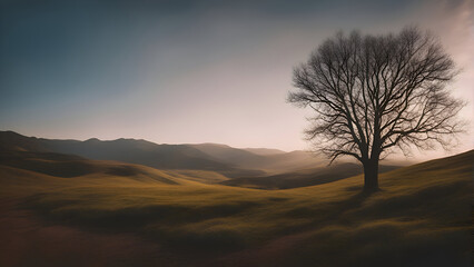 Fototapeta na wymiar Lonely tree in a meadow at sunset. 3d render