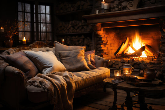 A cozy fireside scene with a crackling fireplace, inviting warmth and comfort on a chilly evening. Concept of fireside relaxation. Generative Ai.