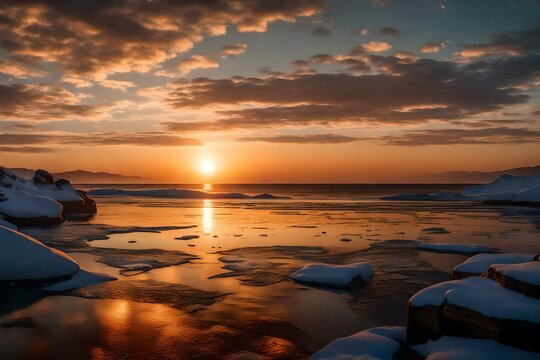 image of a winter sunset over a serene ocean, with the sun casting a warm, golden glow across the icy waters. 