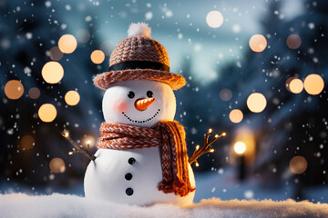 Funny snowman with a hat and scarf stands under the snow on a blurred background of snowflakes and bokeh lights. A beautiful view for a Christmas card.