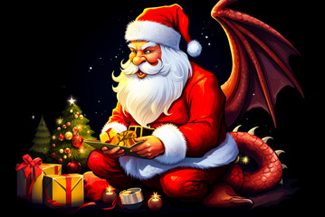 Cartoon santa claus sitting next to christmas tree and gift box.