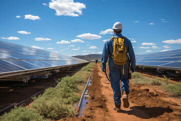 A man walking down next to industrial solar panels.
