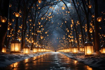 A St. Lucia's Day lantern procession illuminating a snowy path, evoking a sense of wonder and enchantment. Generative Ai. - Powered by Adobe