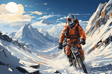 Male biker on a motorcycle rides on a snowy off-road through challenging terrain in the mountains in winter