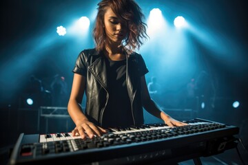 Fototapeta na wymiar Female rock musician standing and playing keyboard on stage.