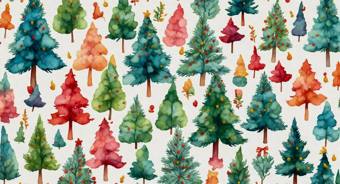 Colorful Christmas trees, Watercolor, white background, clipart, seamless patterns. Merry Christmas and Happy New Year. Generative AI