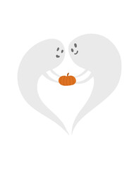 Couple of cute funny happy ghosts with pumpkin in the hands on the white background. Isolated flat cartoon vector illustrations for Halloween