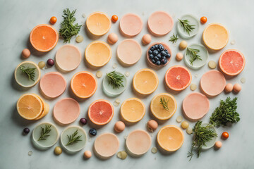 Set of a Herbal Beauty Products over a neutral background, top view. Body and Face Care. Generative AI