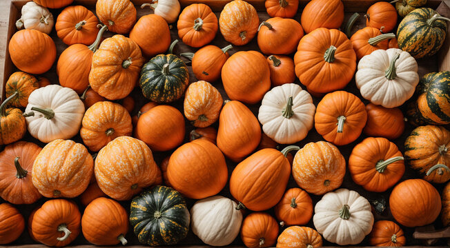 Set of various pumpkins. Autumn vegetables. Top view of orange fresh pumpkins. Halloween and Thanksgiving autumn concept. Generative Ai