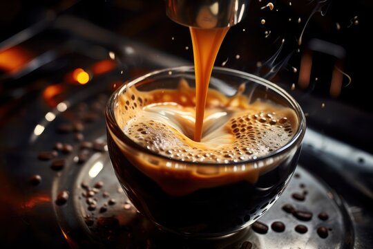 Making Coffee And Pouring Hot Espresso Coffee In A Glass Cup. Close Up.