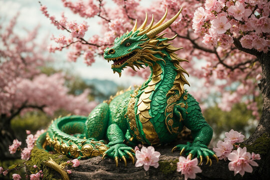 Whimsical green wooden dragon, playfully coiled around a cherry blossom tree, its scales reflecting the vibrant colors of spring, symbolizing new beginnings and renewal. Generative AI